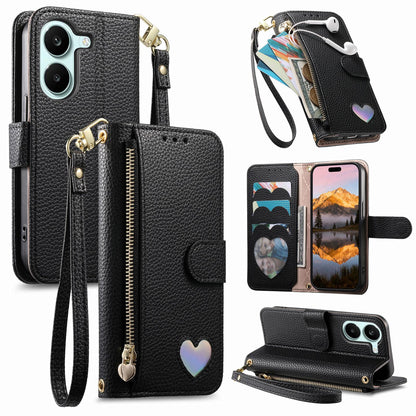 For Honor Play 80 Plus 5G Fantasy Love Heart Zipper Wallet Vegan Leather Phone Case with Strap(Black)