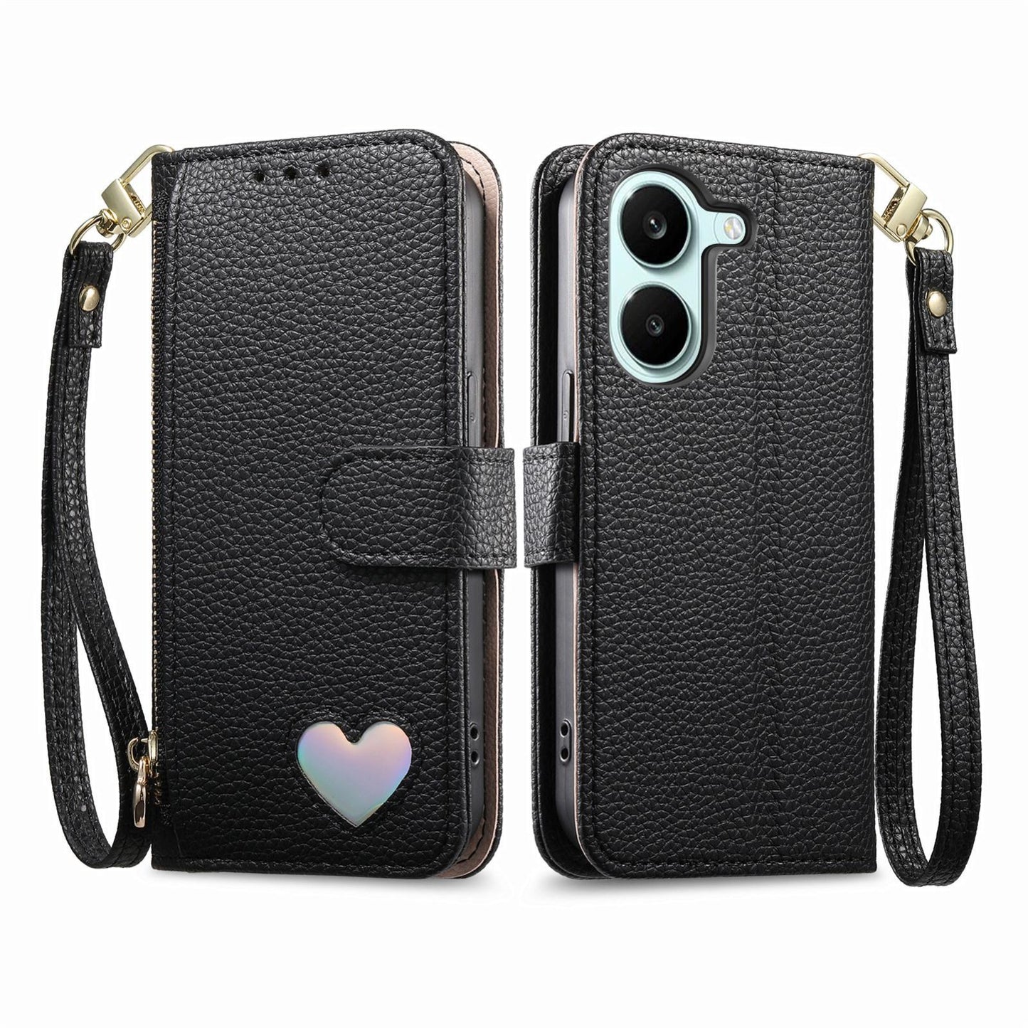 For Honor Play 80 Plus 5G Fantasy Love Heart Zipper Wallet Vegan Leather Phone Case with Strap(Black)