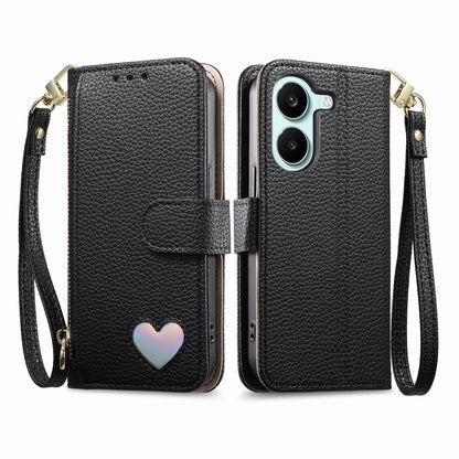For Honor Play 80 Plus 5G Fantasy Love Heart Zipper Wallet Vegan Leather Phone Case with Strap(Black)