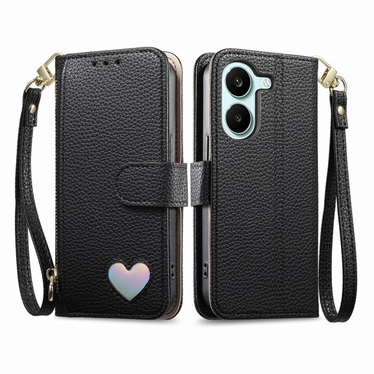 For Honor Play 80 Plus 5G Fantasy Love Heart Zipper Wallet Vegan Leather Phone Case with Strap(Black)