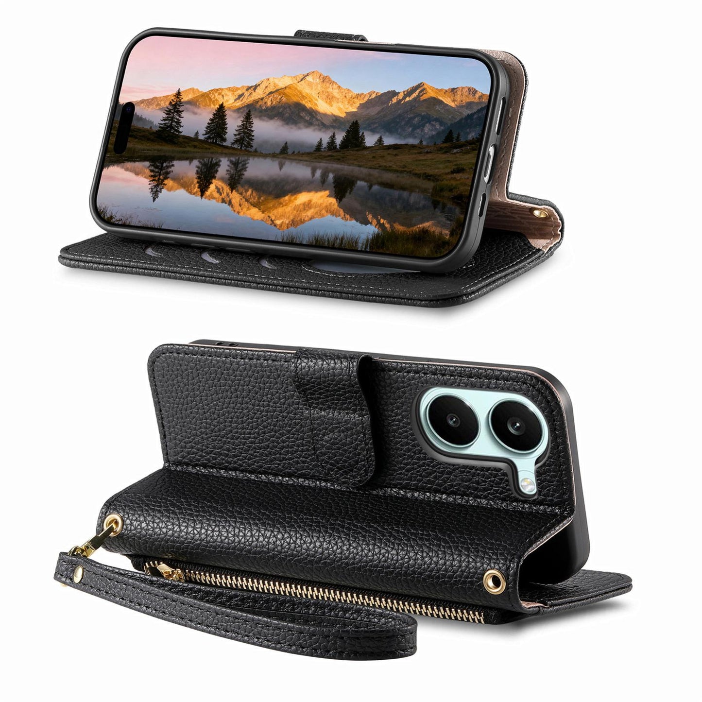 For Honor Play 80 Plus 5G Fantasy Love Heart Zipper Wallet Vegan Leather Phone Case with Strap(Black)