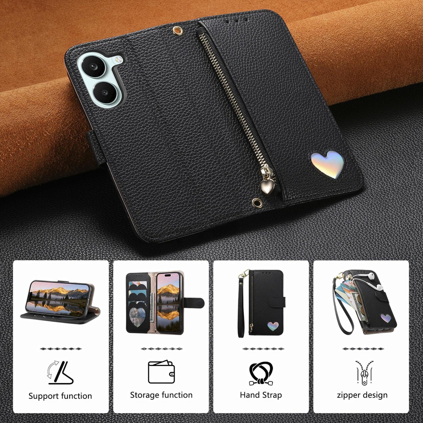 For Honor Play 80 Plus 5G Fantasy Love Heart Zipper Wallet Vegan Leather Phone Case with Strap(Black)