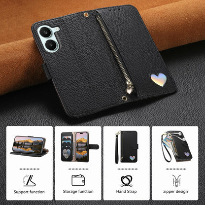 For Honor Play 80 Plus 5G Fantasy Love Heart Zipper Wallet Vegan Leather Phone Case with Strap(Black)