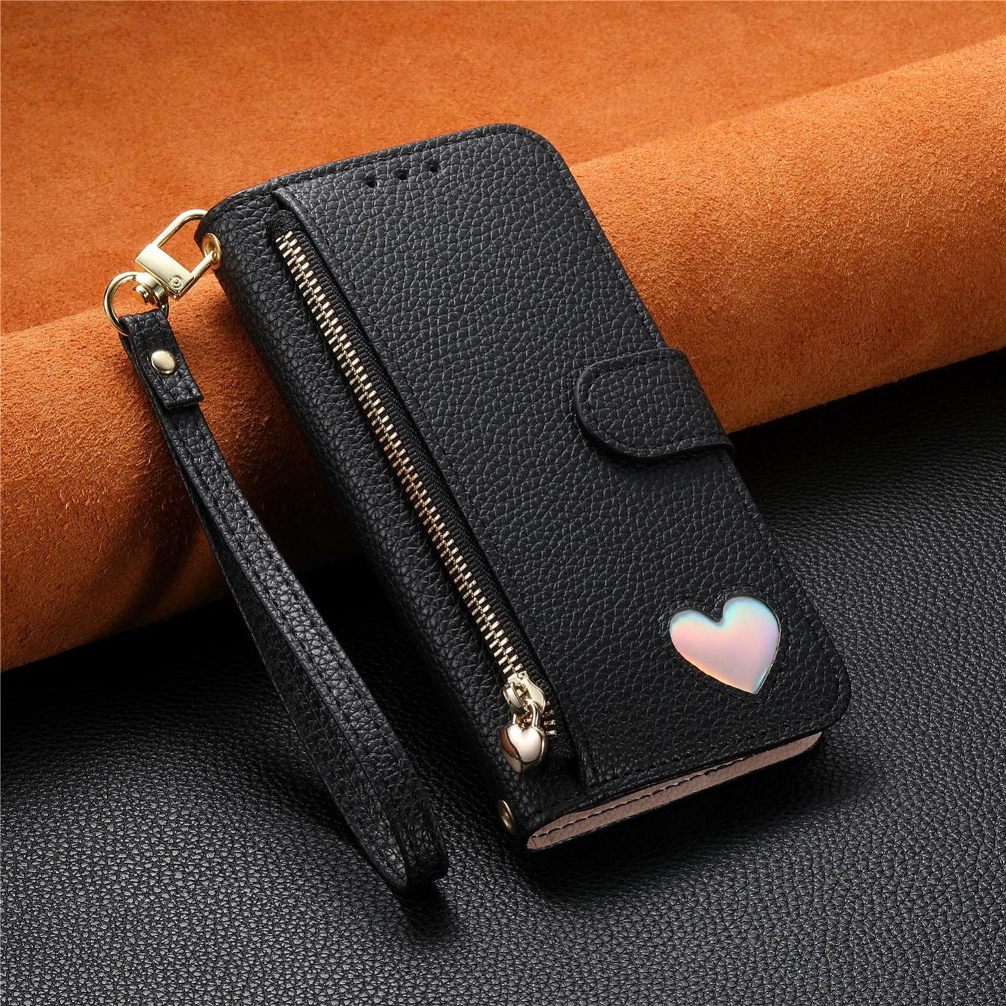 For Honor Play 80 Plus 5G Fantasy Love Heart Zipper Wallet Vegan Leather Phone Case with Strap(Black)