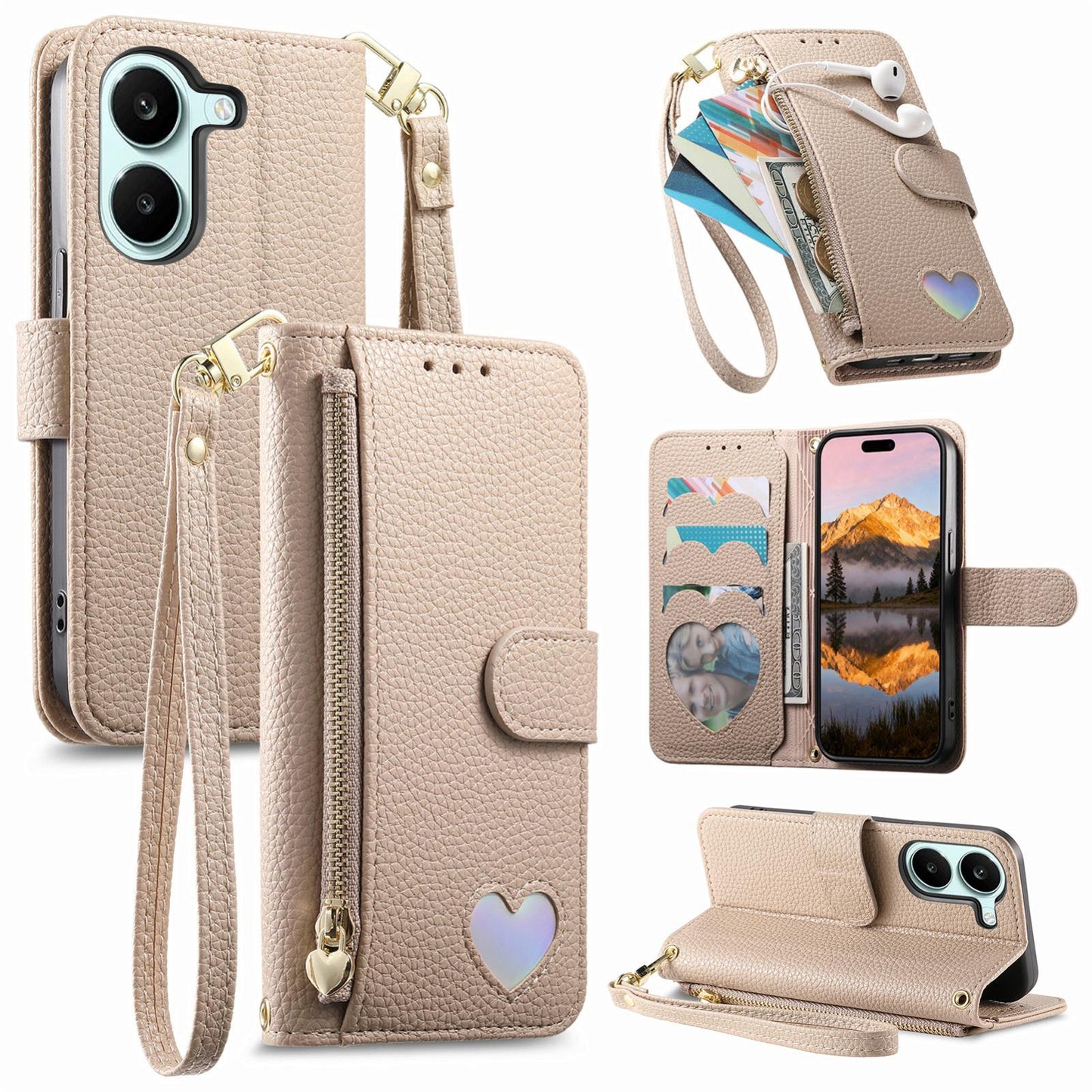 For Honor Play 80 Plus 5G Fantasy Love Heart Zipper Wallet Vegan Leather Phone Case with Strap(Beige)