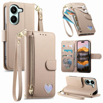For Honor Play 80 Plus 5G Fantasy Love Heart Zipper Wallet Vegan Leather Phone Case with Strap(Beige)