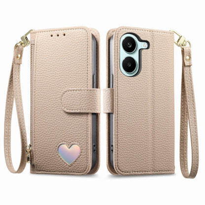For Honor Play 80 Plus 5G Fantasy Love Heart Zipper Wallet Vegan Leather Phone Case with Strap(Beige)