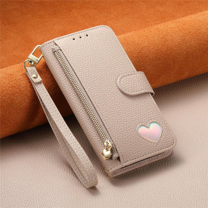 For Honor Play 80 Plus 5G Fantasy Love Heart Zipper Wallet Vegan Leather Phone Case with Strap(Beige)