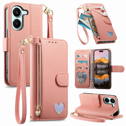 For Honor Play 80 Plus 5G Fantasy Love Heart Zipper Wallet Vegan Leather Phone Case with Strap(Pink)