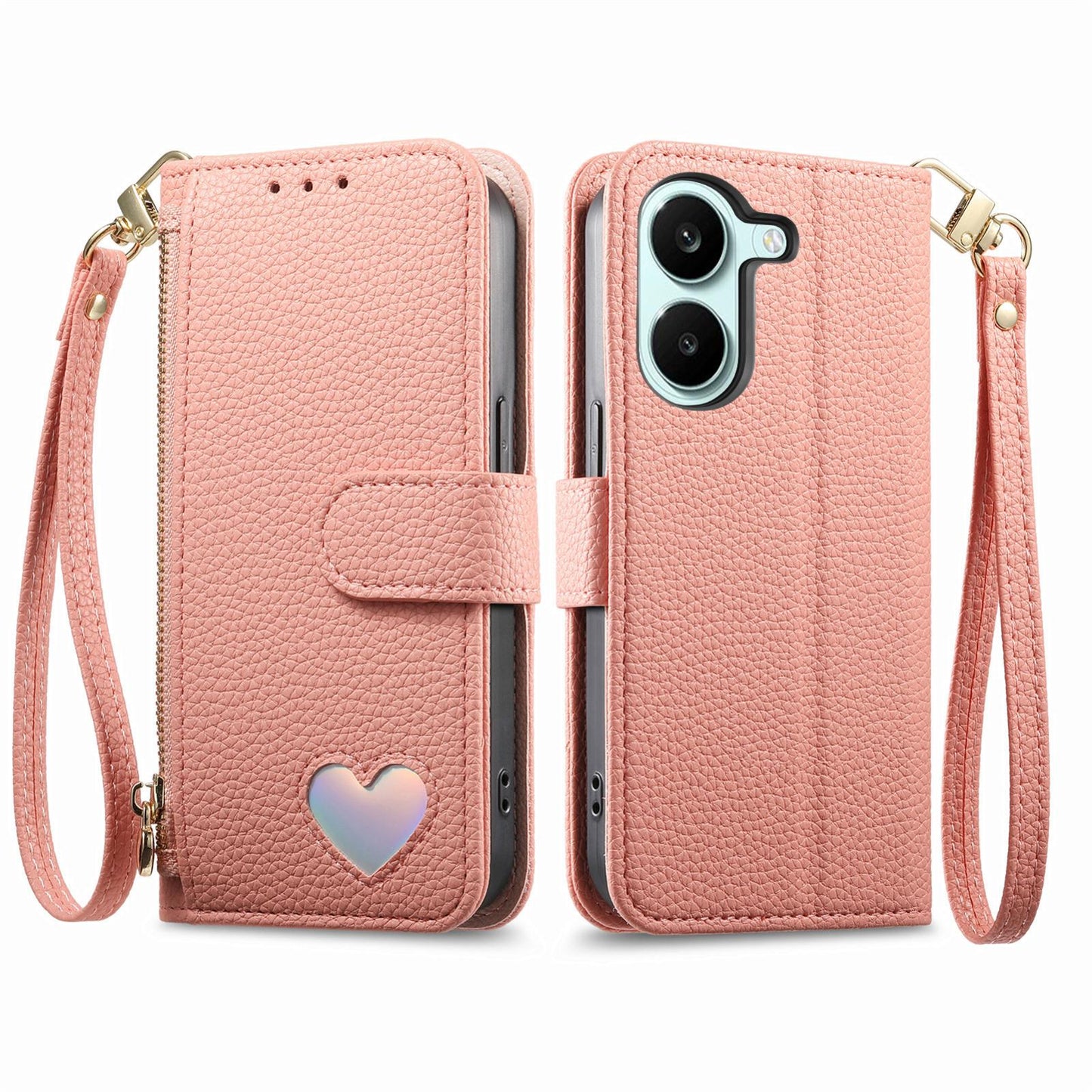 For Honor Play 80 Plus 5G Fantasy Love Heart Zipper Wallet Vegan Leather Phone Case with Strap(Pink)