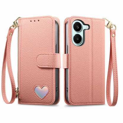 For Honor Play 80 Plus 5G Fantasy Love Heart Zipper Wallet Vegan Leather Phone Case with Strap(Pink)