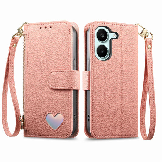 For Honor Play 80 Plus 5G Fantasy Love Heart Zipper Wallet Vegan Leather Phone Case with Strap(Pink)