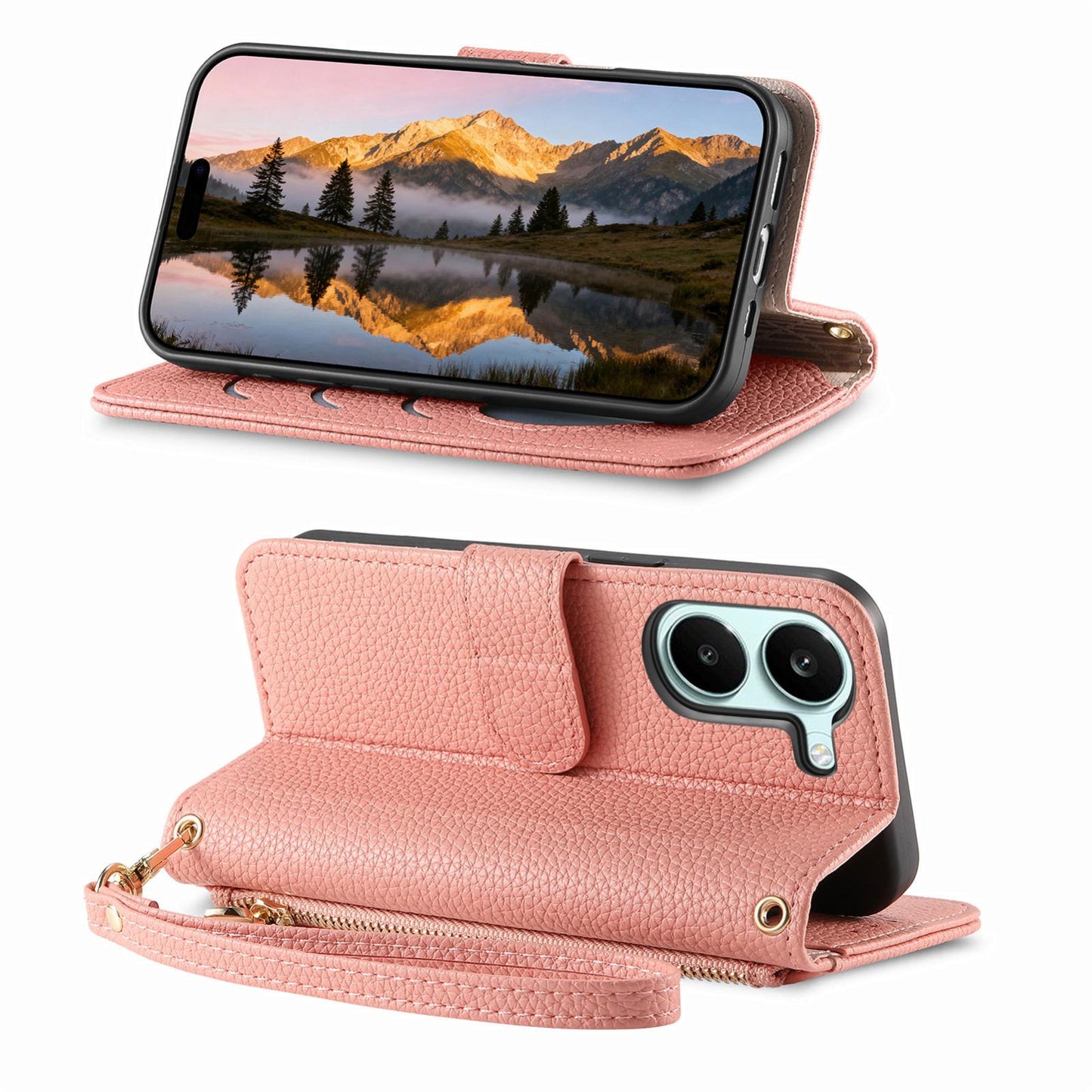 For Honor Play 80 Plus 5G Fantasy Love Heart Zipper Wallet Vegan Leather Phone Case with Strap(Pink)