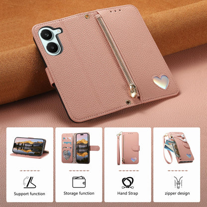 For Honor Play 80 Plus 5G Fantasy Love Heart Zipper Wallet Vegan Leather Phone Case with Strap(Pink)