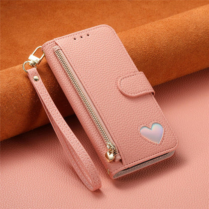 For Honor Play 80 Plus 5G Fantasy Love Heart Zipper Wallet Vegan Leather Phone Case with Strap(Pink)