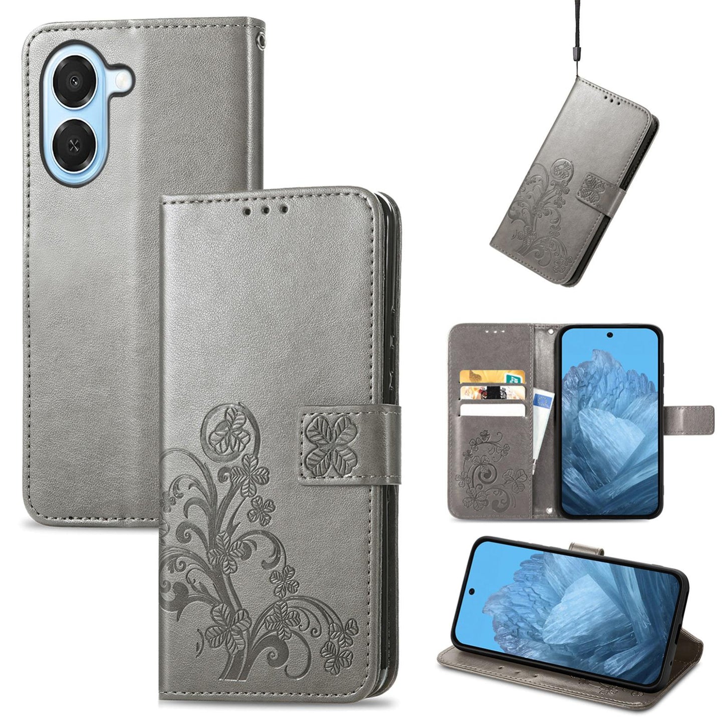 For Honor Play 80 Plus 5G Four-leaf Clasp Embossed Buckle Leather Phone Case(Gray)