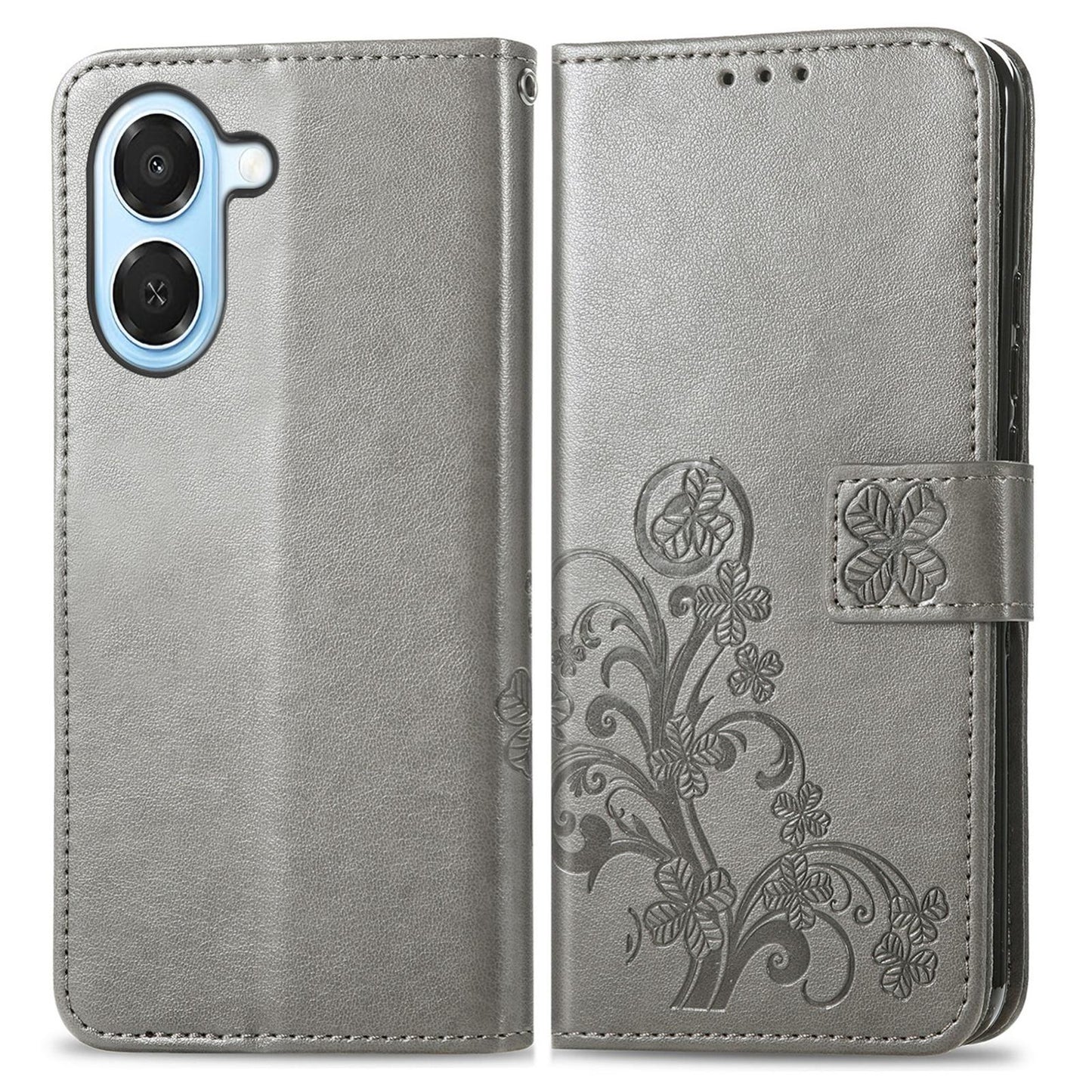 For Honor Play 80 Plus 5G Four-leaf Clasp Embossed Buckle Leather Phone Case(Gray)