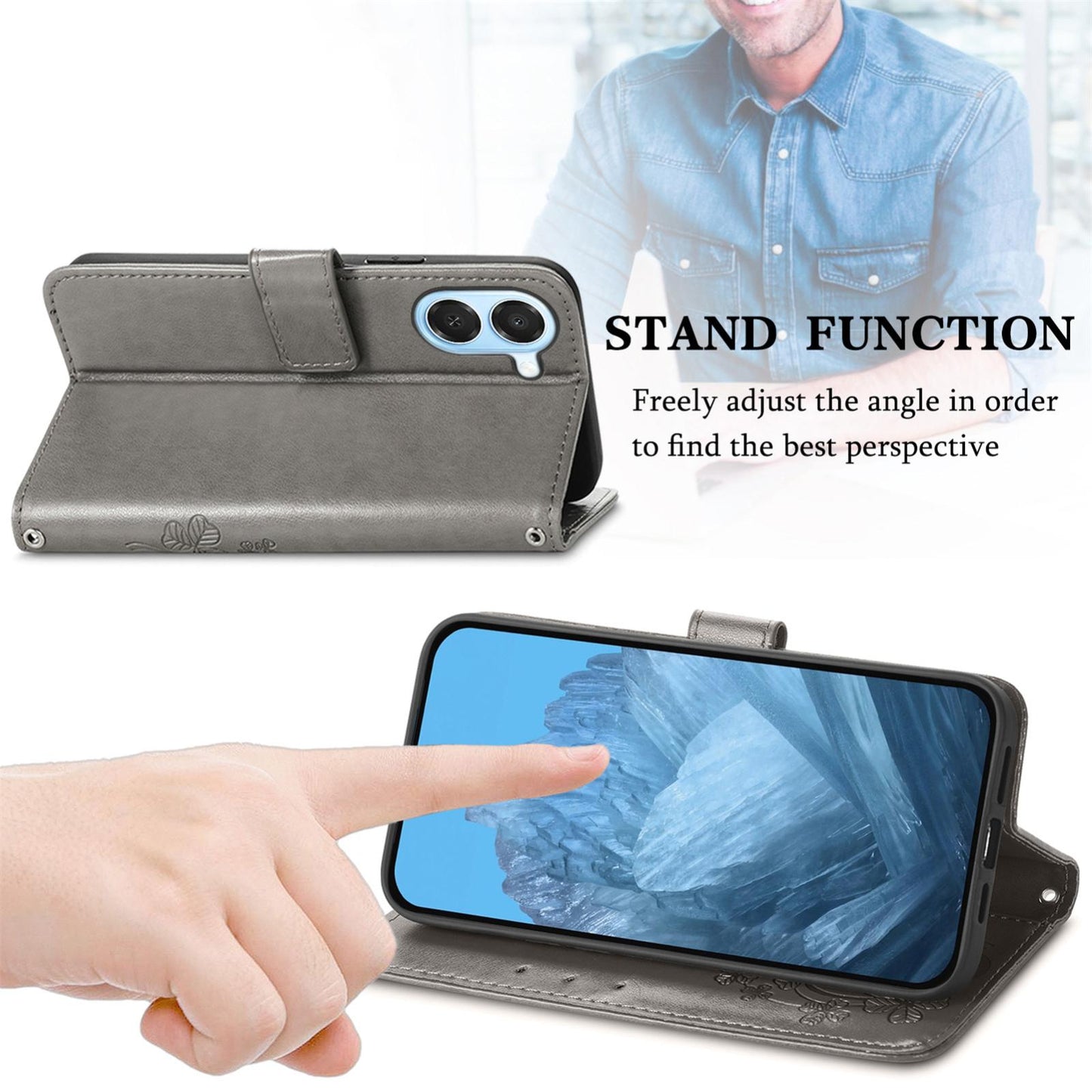 For Honor Play 80 Plus 5G Four-leaf Clasp Embossed Buckle Leather Phone Case(Gray)