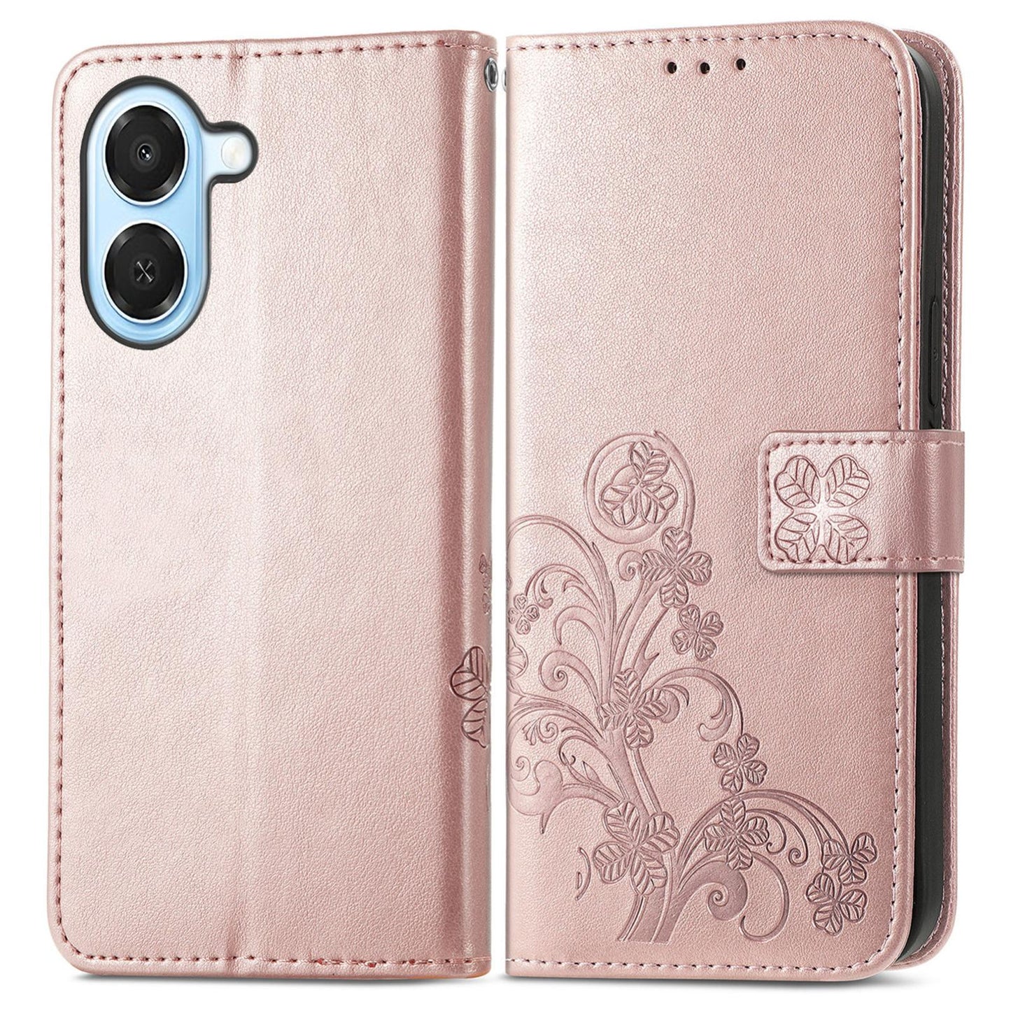 For Honor Play 80 Plus 5G Four-leaf Clasp Embossed Buckle Leather Phone Case(Rose Gold)