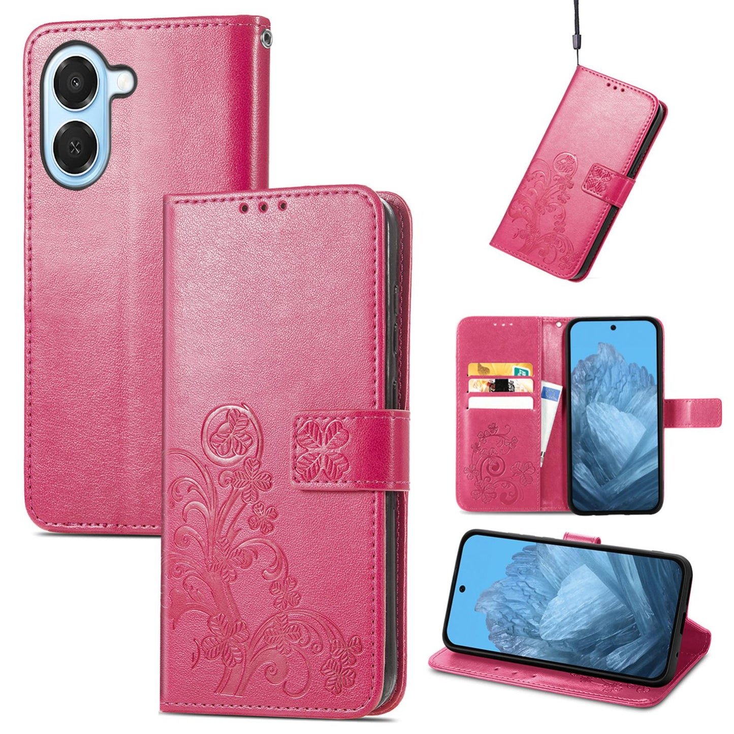 For Honor Play 80 Plus 5G Four-leaf Clasp Embossed Buckle Leather Phone Case(Rose)