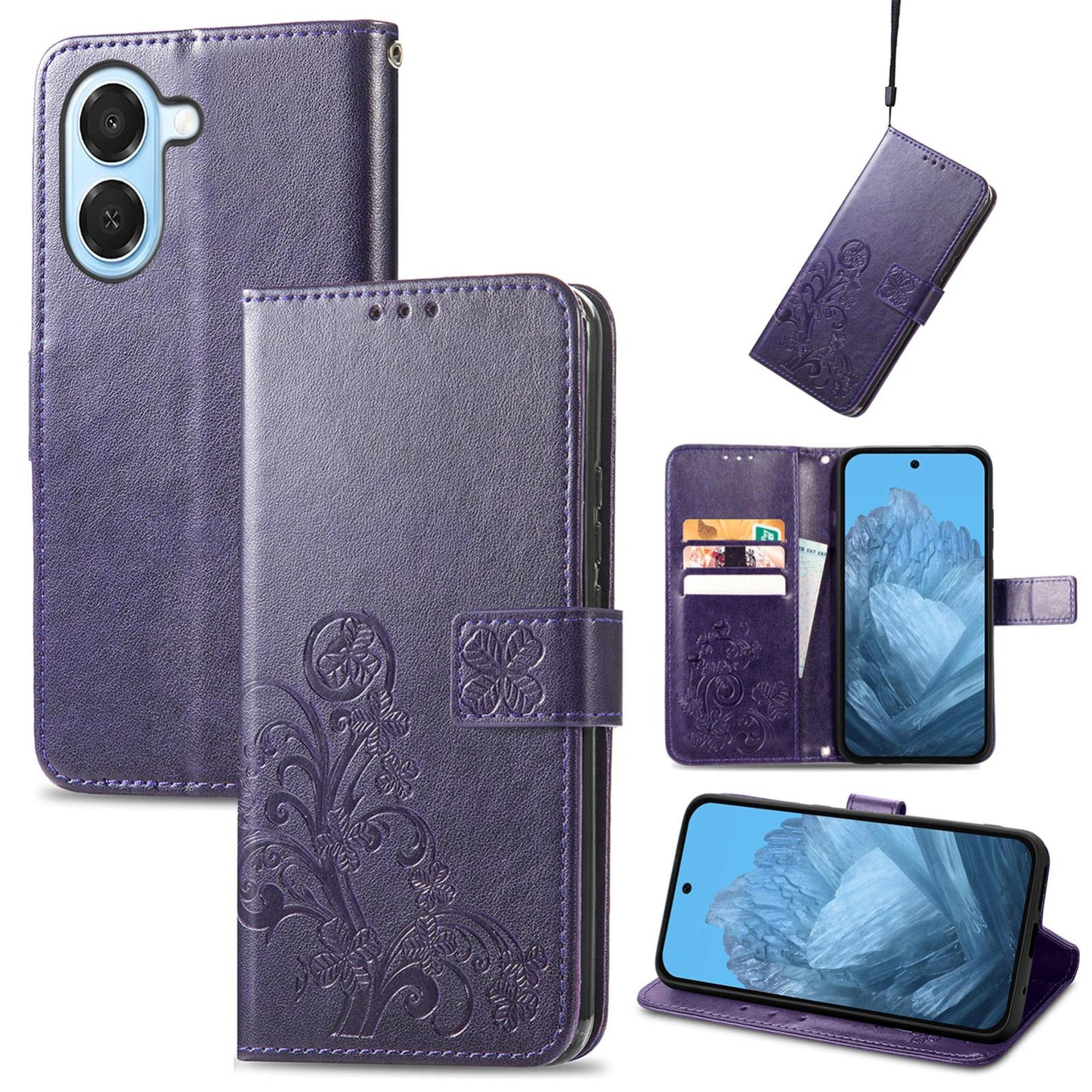 For Honor Play 80 Plus 5G Four-leaf Clasp Embossed Buckle Leather Phone Case(Purple)