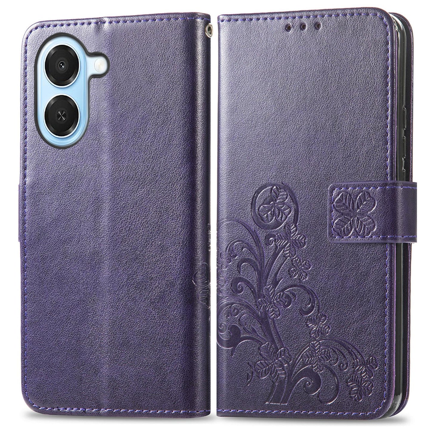 For Honor Play 80 Plus 5G Four-leaf Clasp Embossed Buckle Leather Phone Case(Purple)