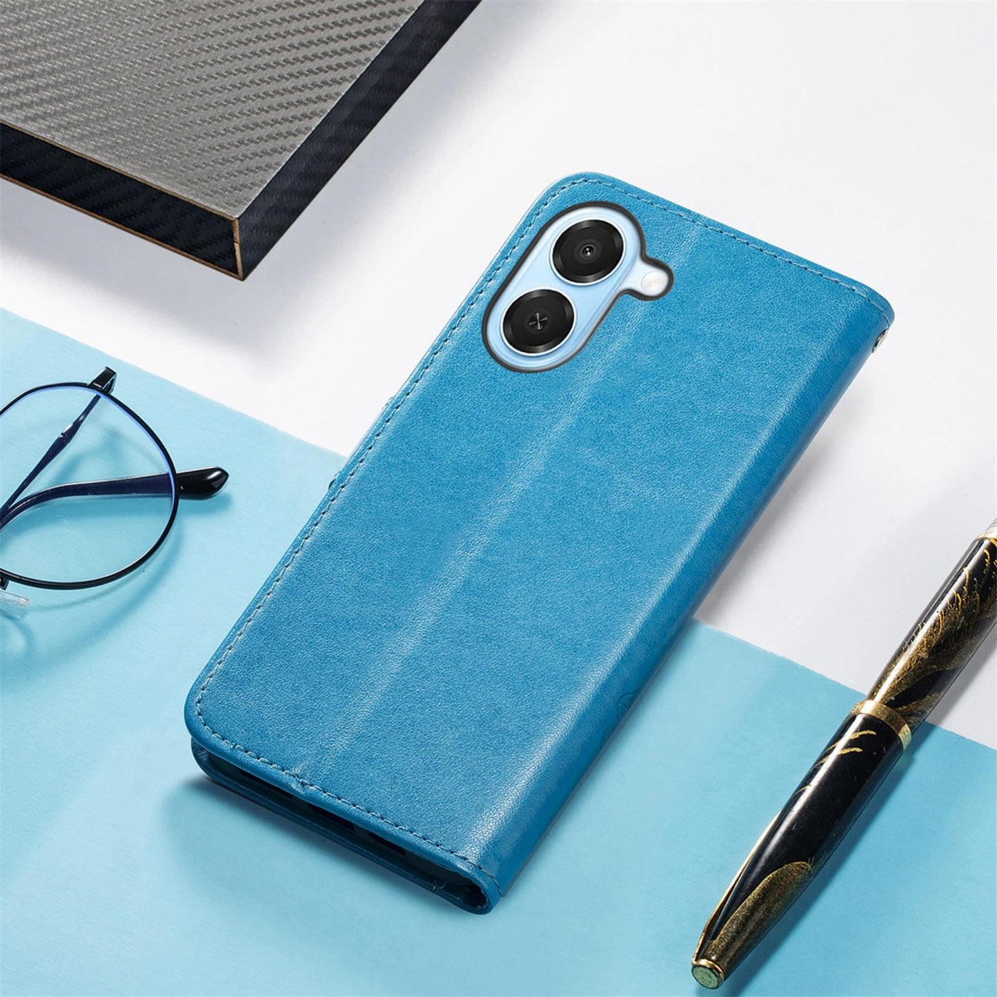 For Honor Play 80 Plus 5G Four-leaf Clasp Embossed Buckle Leather Phone Case(Blue)