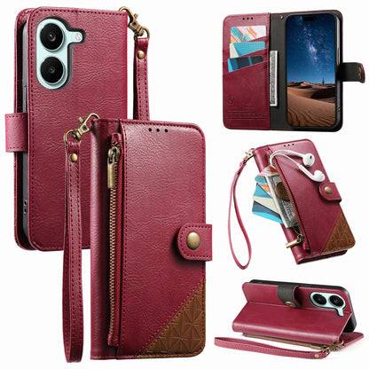 For Honor Play 80 Plus 5G Splicing Zipper Wallet Vegan Leather Phone Case with Strap(Red)