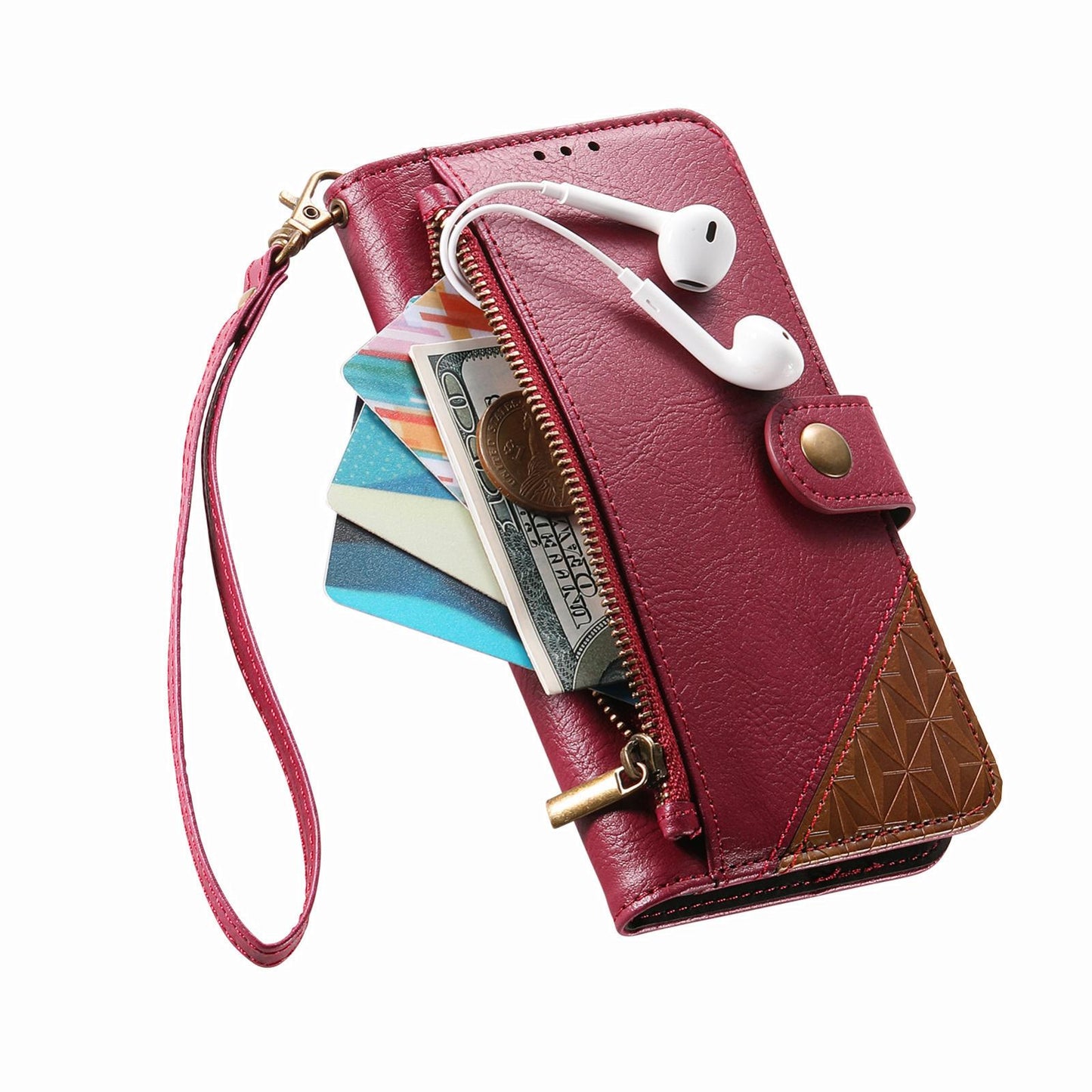 For Honor Play 80 Plus 5G Splicing Zipper Wallet Vegan Leather Phone Case with Strap(Red)