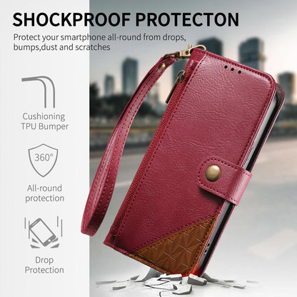 For Honor Play 80 Plus 5G Splicing Zipper Wallet Vegan Leather Phone Case with Strap(Red)