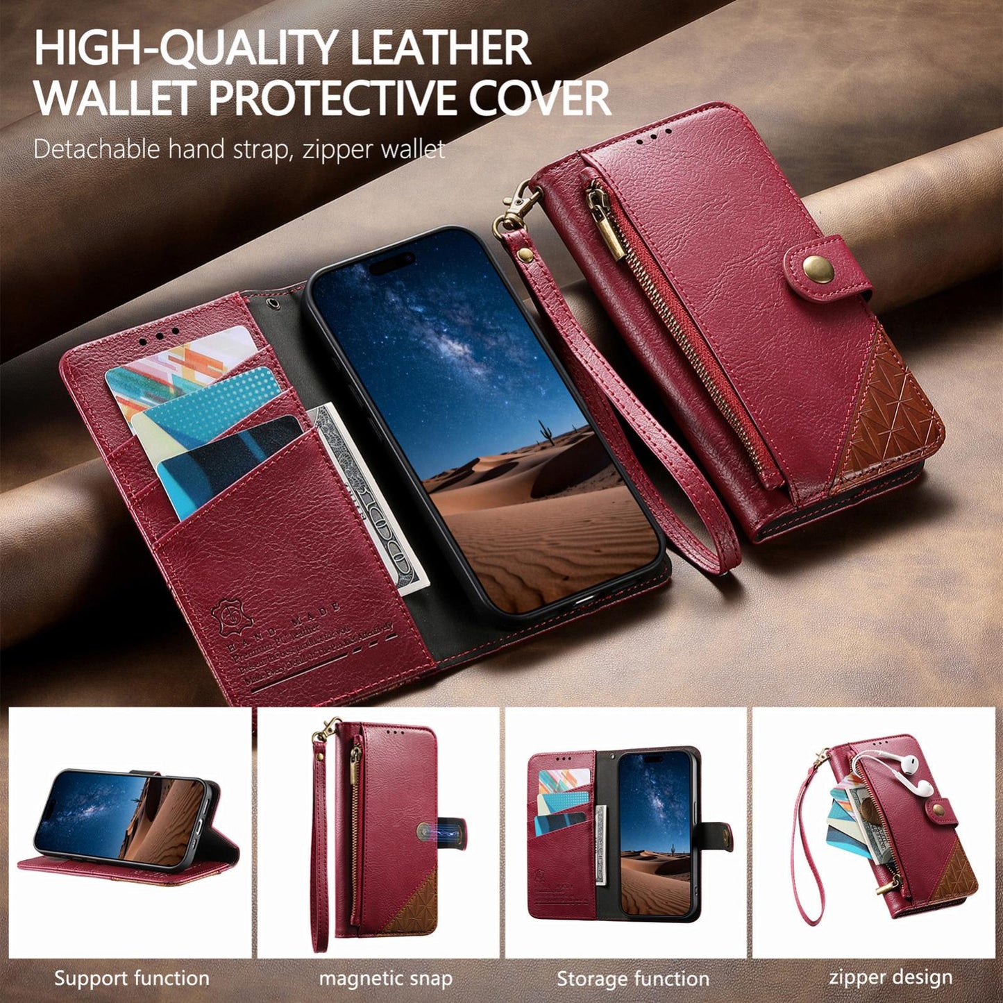 For Honor Play 80 Plus 5G Splicing Zipper Wallet Vegan Leather Phone Case with Strap(Red)