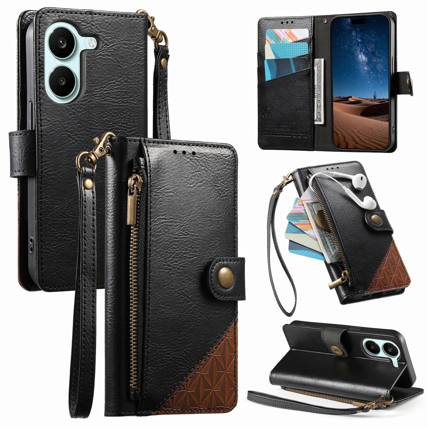 For Honor Play 80 Plus 5G Splicing Zipper Wallet Vegan Leather Phone Case with Strap(Black)