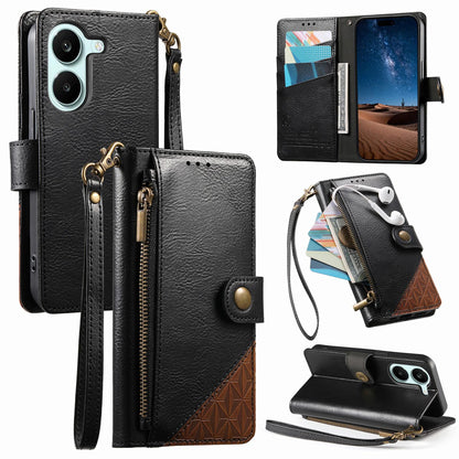For Honor Play 80 Plus 5G Splicing Zipper Wallet Vegan Leather Phone Case with Strap(Black)