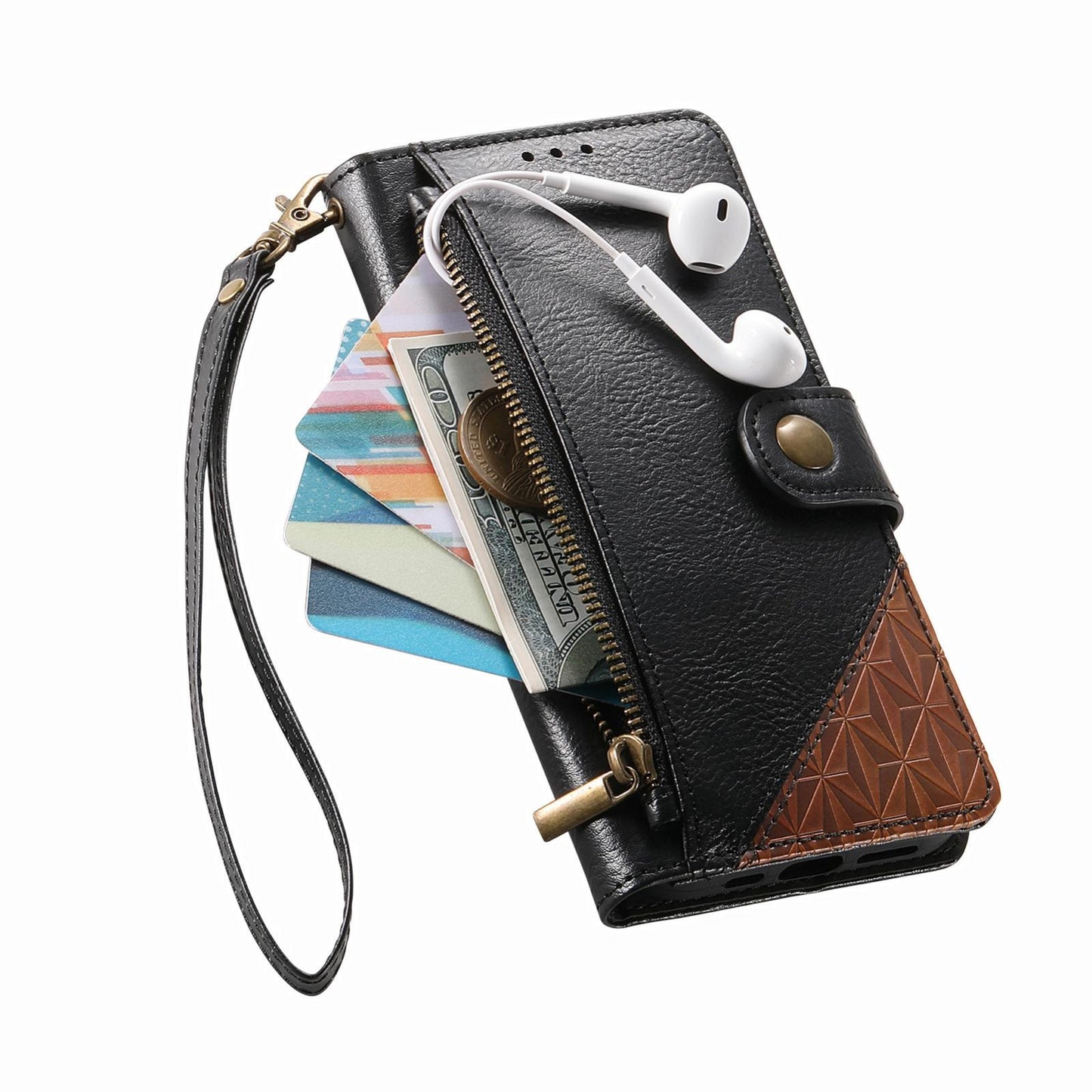 For Honor Play 80 Plus 5G Splicing Zipper Wallet Vegan Leather Phone Case with Strap(Black)