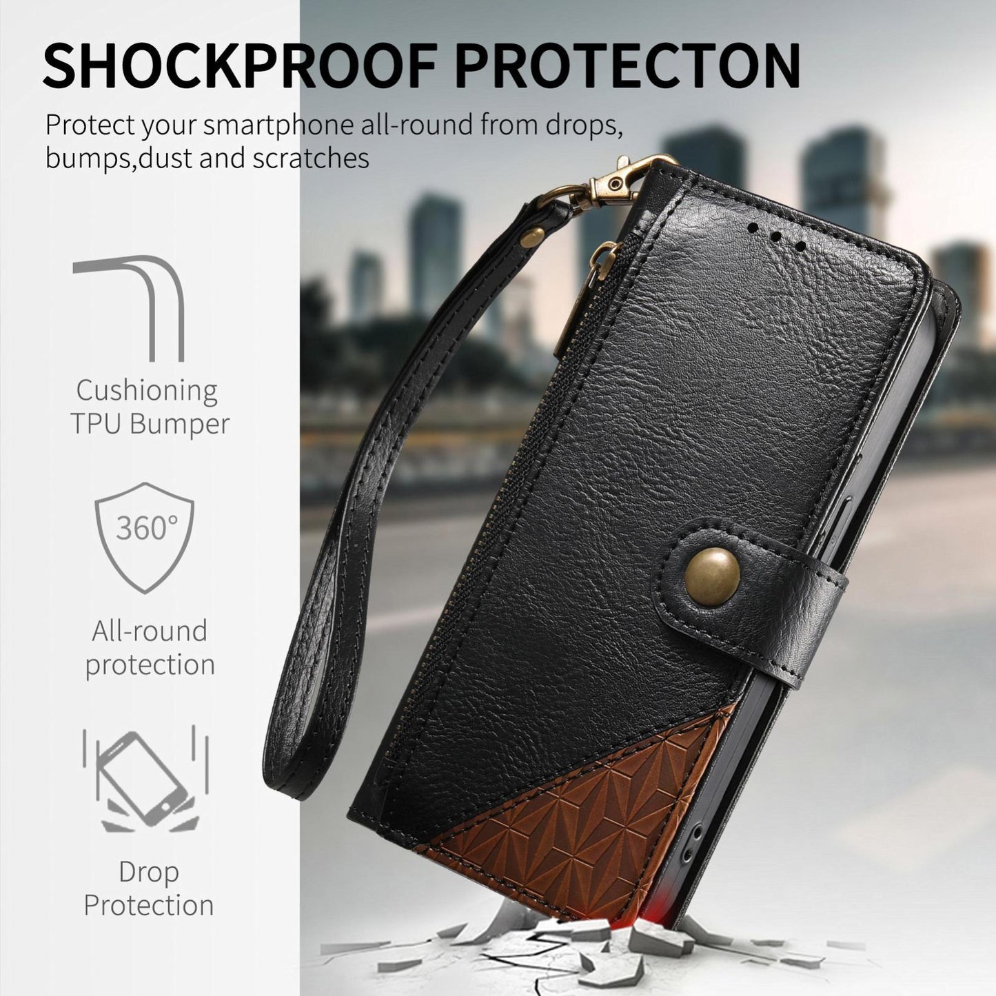 For Honor Play 80 Plus 5G Splicing Zipper Wallet Vegan Leather Phone Case with Strap(Black)