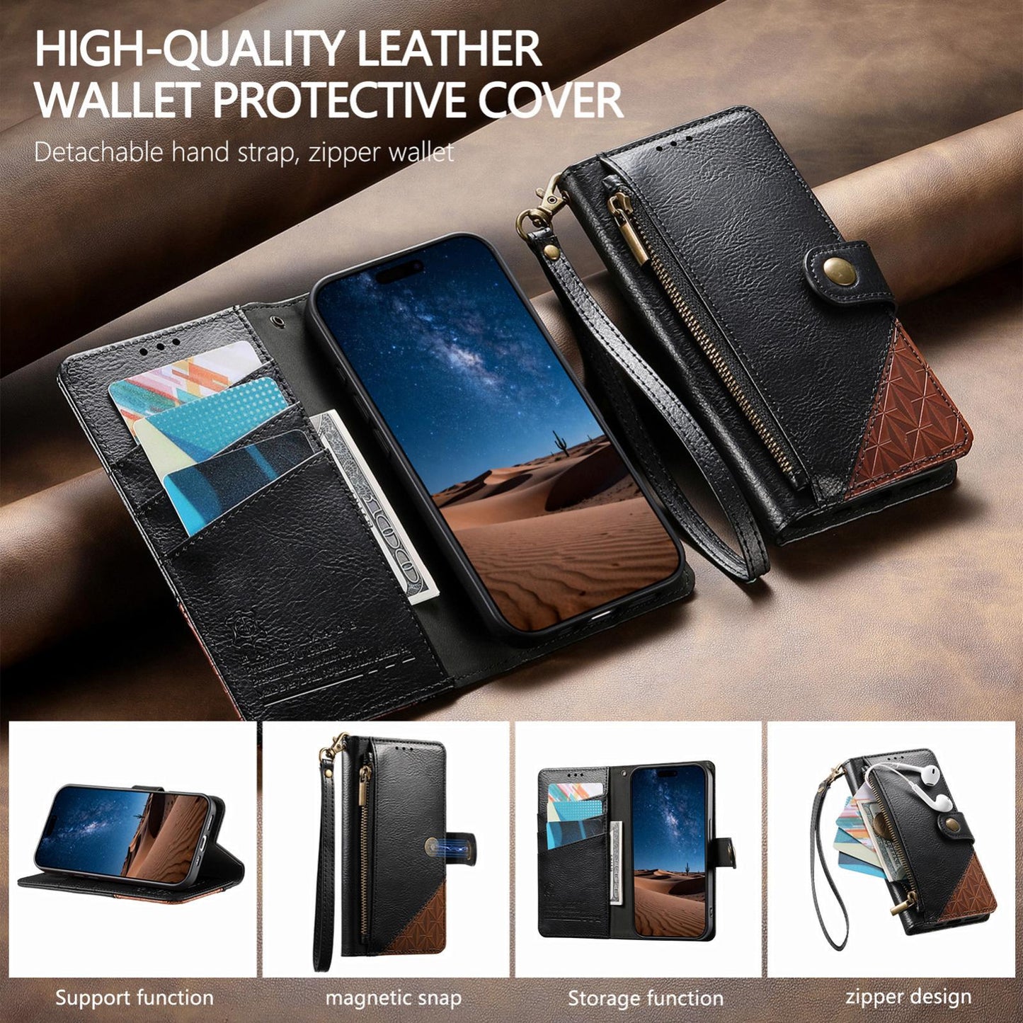 For Honor Play 80 Plus 5G Splicing Zipper Wallet Vegan Leather Phone Case with Strap(Black)
