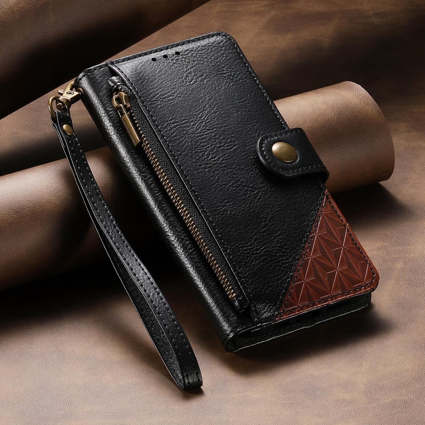 For Honor Play 80 Plus 5G Splicing Zipper Wallet Vegan Leather Phone Case with Strap(Black)