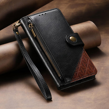 For Honor Play 80 Plus 5G Splicing Zipper Wallet Vegan Leather Phone Case with Strap(Black)