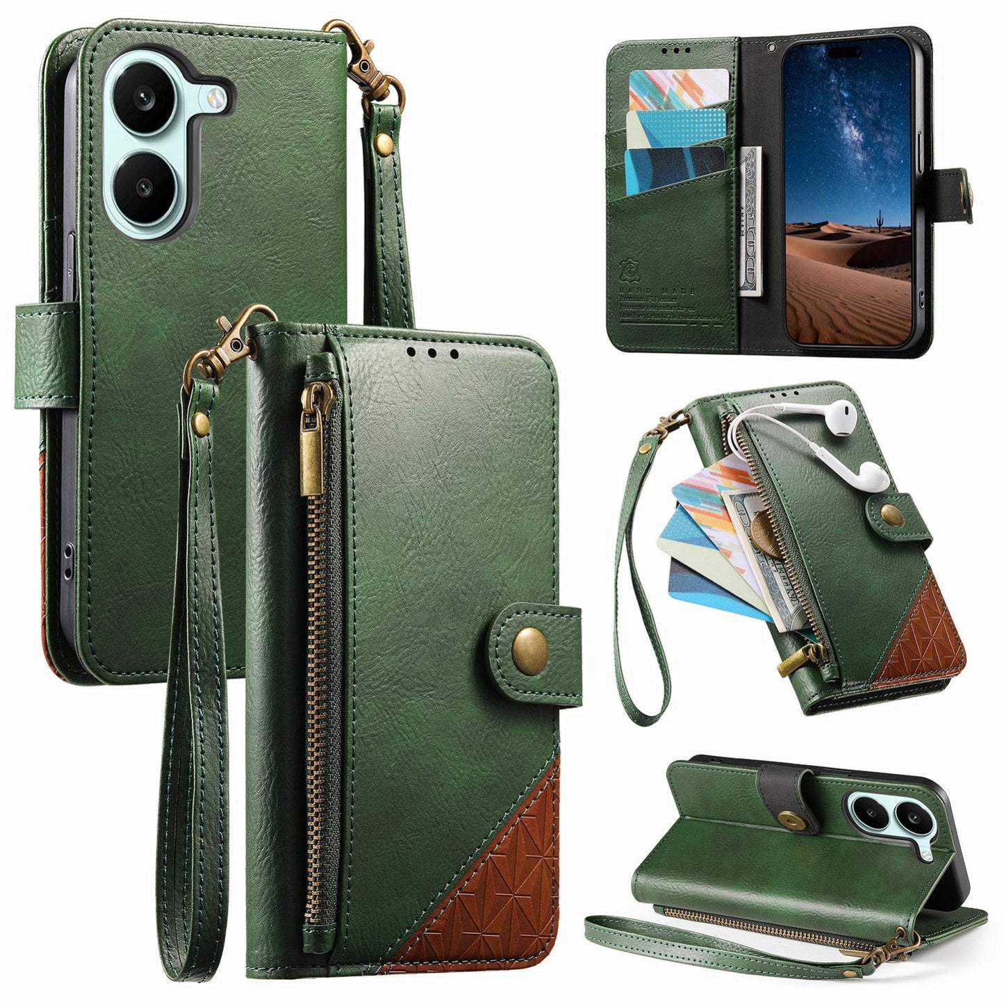 For Honor Play 80 Plus 5G Splicing Zipper Wallet Vegan Leather Phone Case with Strap(Green)