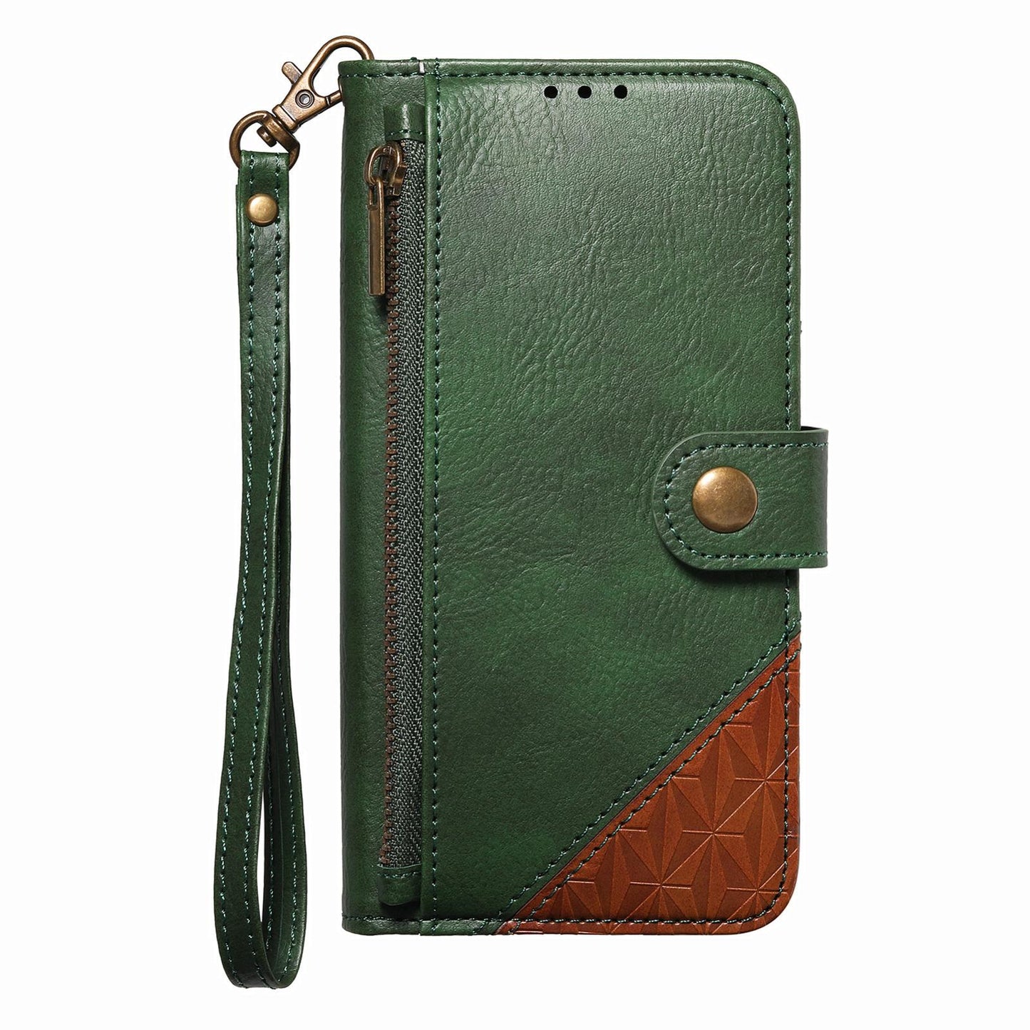 For Honor Play 80 Plus 5G Splicing Zipper Wallet Vegan Leather Phone Case with Strap(Green)