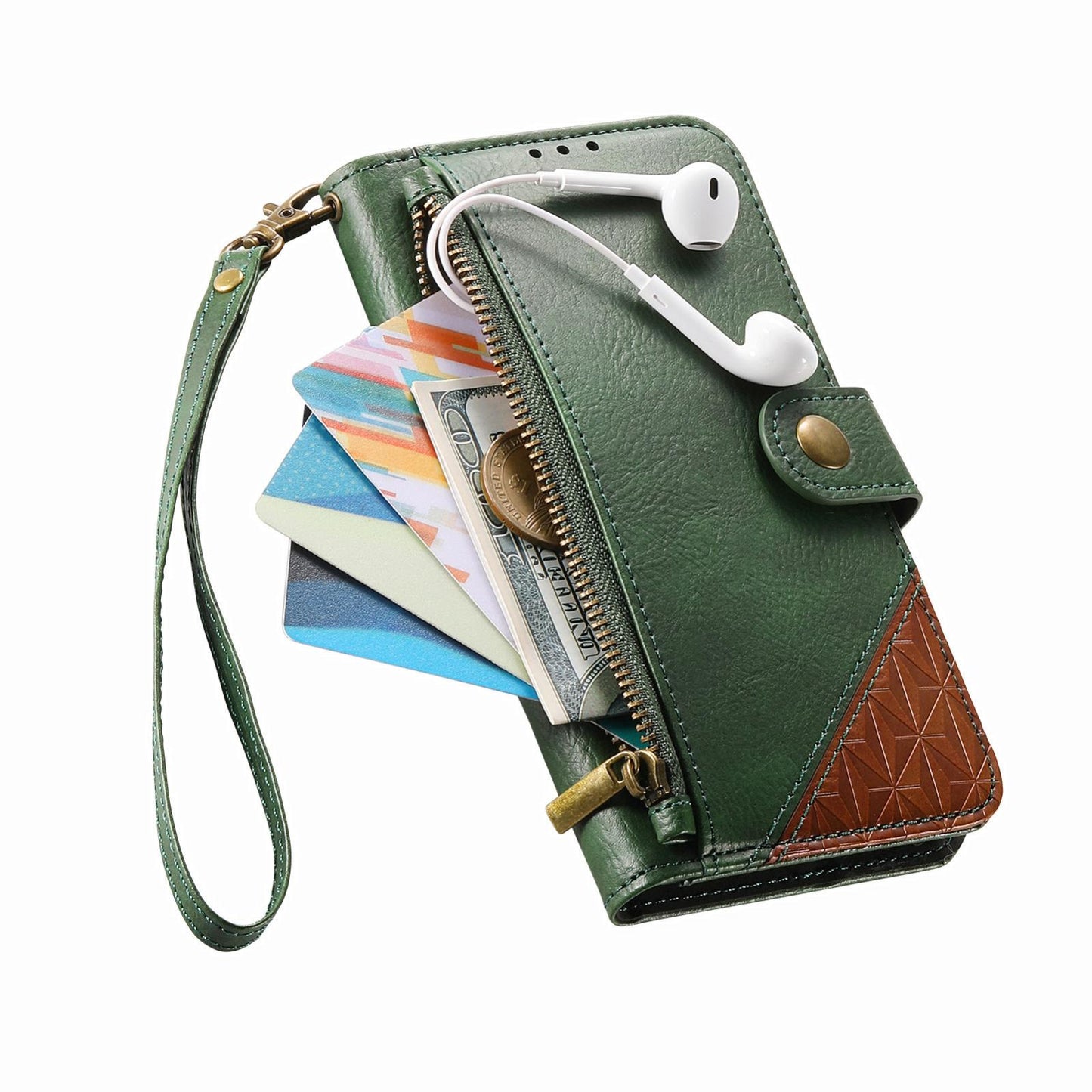 For Honor Play 80 Plus 5G Splicing Zipper Wallet Vegan Leather Phone Case with Strap(Green)