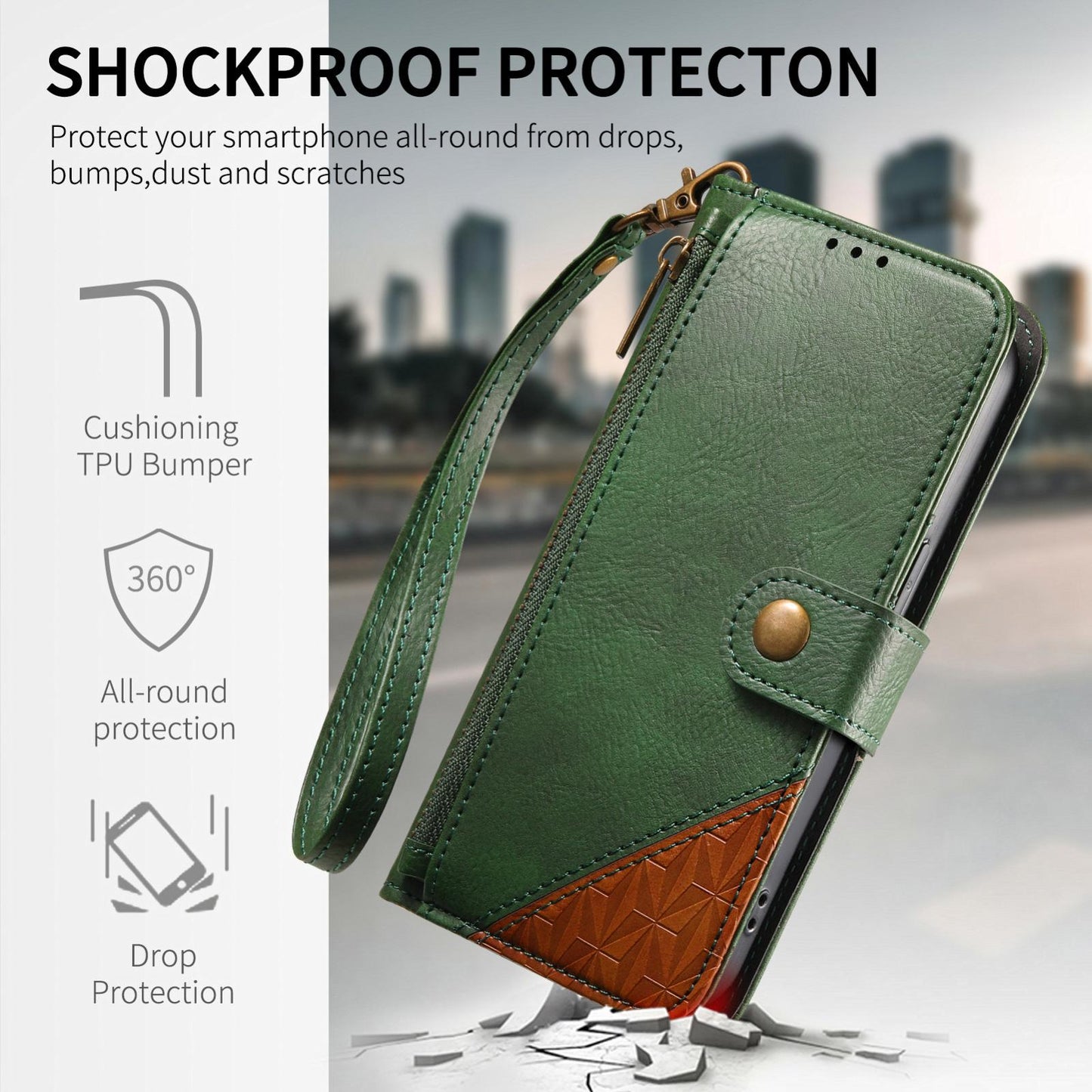 For Honor Play 80 Plus 5G Splicing Zipper Wallet Vegan Leather Phone Case with Strap(Green)