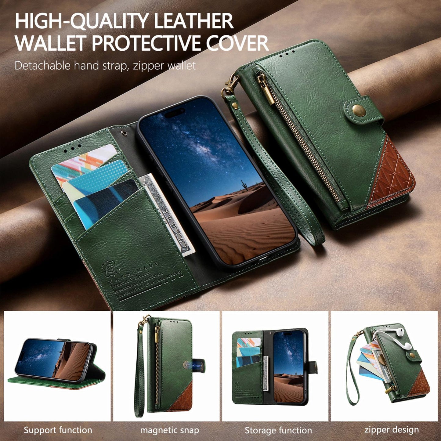 For Honor Play 80 Plus 5G Splicing Zipper Wallet Vegan Leather Phone Case with Strap(Green)