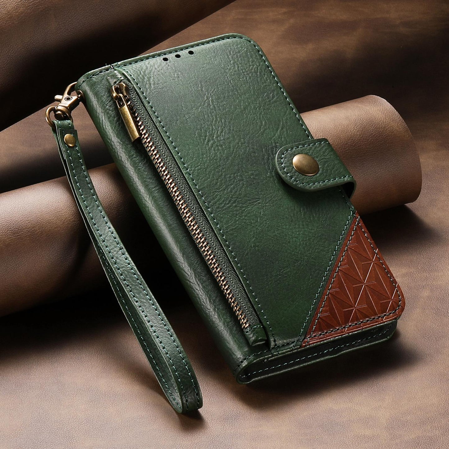For Honor Play 80 Plus 5G Splicing Zipper Wallet Vegan Leather Phone Case with Strap(Green)