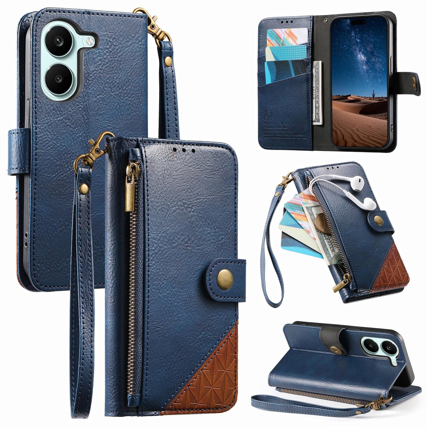 For Honor Play 80 Plus 5G Splicing Zipper Wallet Vegan Leather Phone Case with Strap(Blue)