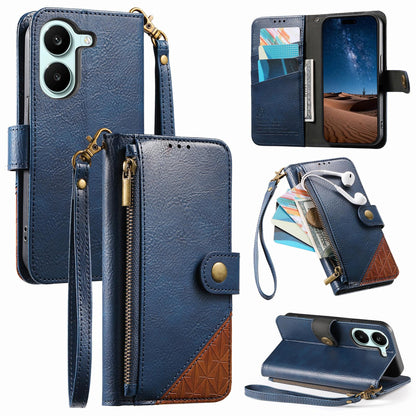 For Honor Play 80 Plus 5G Splicing Zipper Wallet Vegan Leather Phone Case with Strap(Blue)