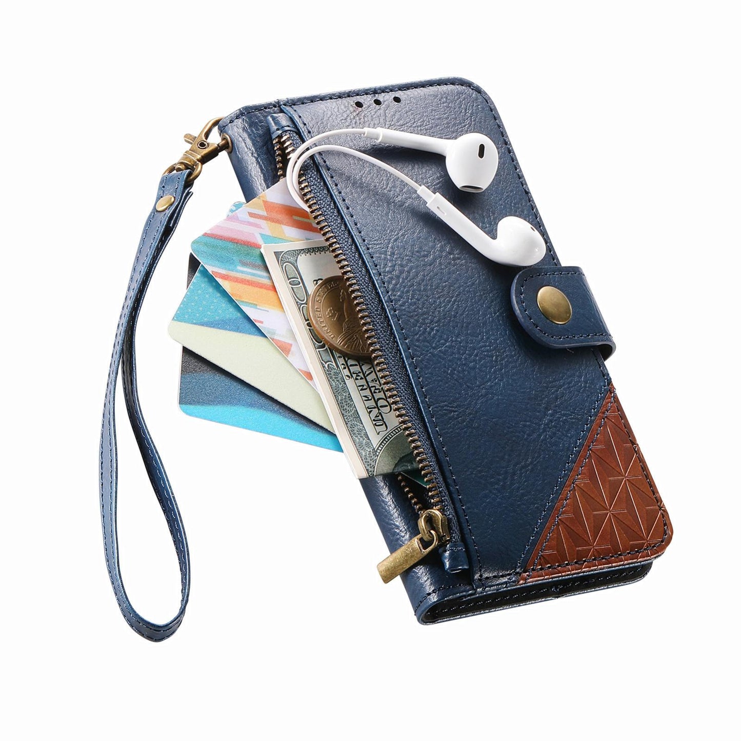 For Honor Play 80 Plus 5G Splicing Zipper Wallet Vegan Leather Phone Case with Strap(Blue)