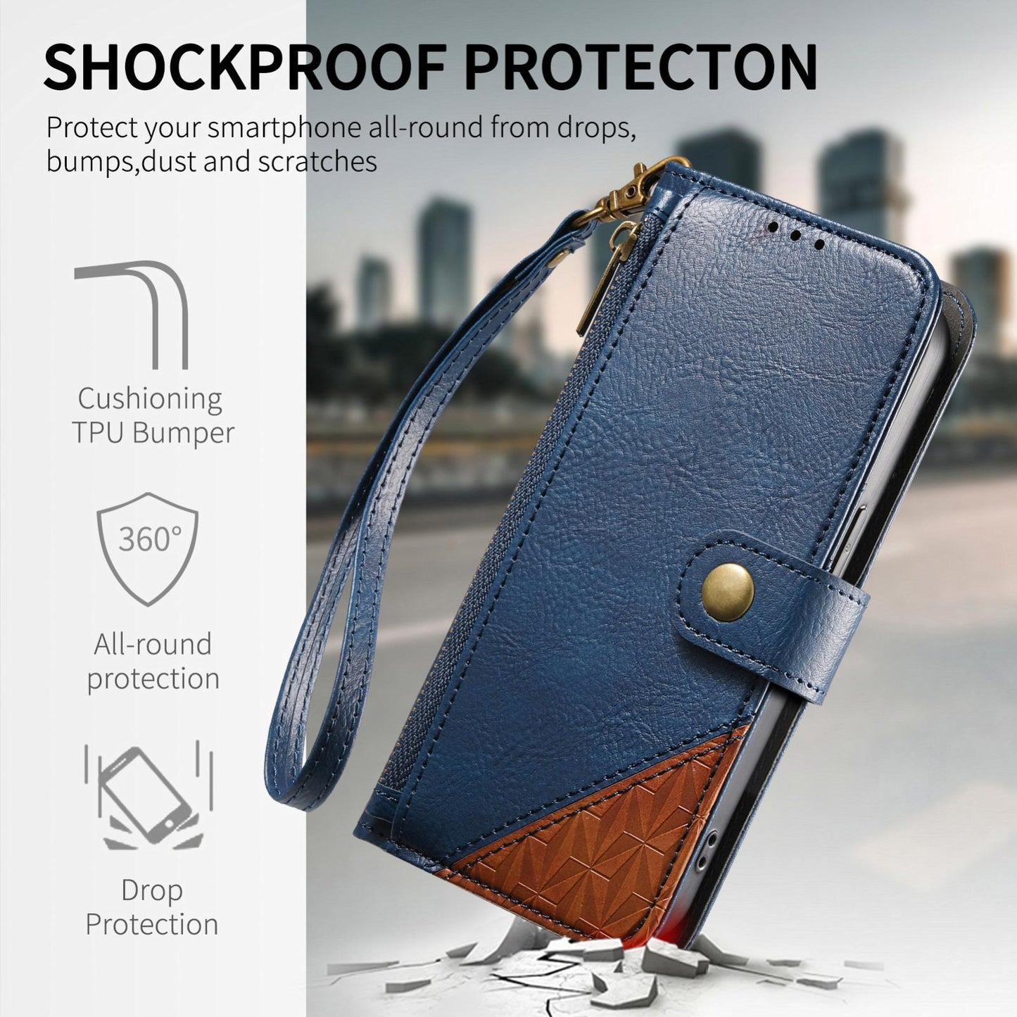 For Honor Play 80 Plus 5G Splicing Zipper Wallet Vegan Leather Phone Case with Strap(Blue)