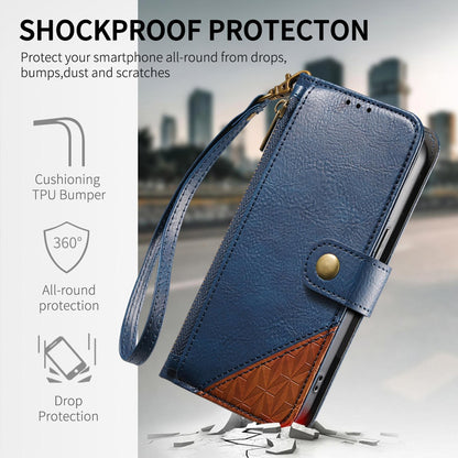 For Honor Play 80 Plus 5G Splicing Zipper Wallet Vegan Leather Phone Case with Strap(Blue)