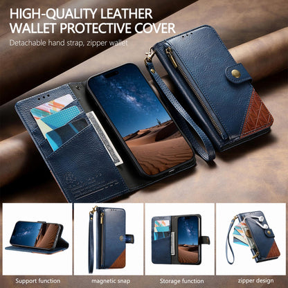 For Honor Play 80 Plus 5G Splicing Zipper Wallet Vegan Leather Phone Case with Strap(Blue)